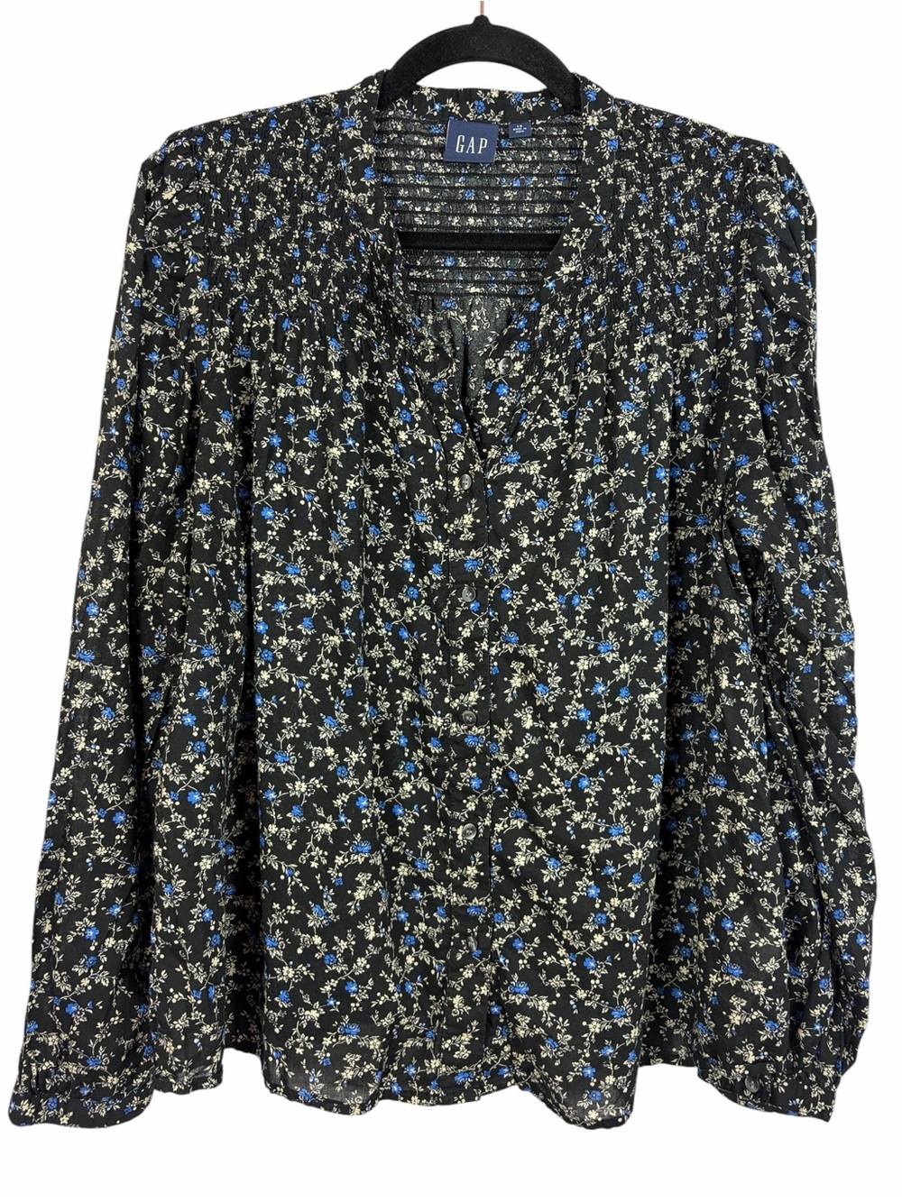 Gap Floral Pintuck Blouse Large Black Blue Cottagecore Peasant Top